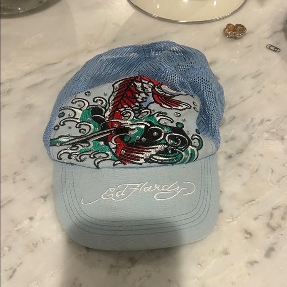 Ed Hardy Light Blue Cap with Koi Artwork